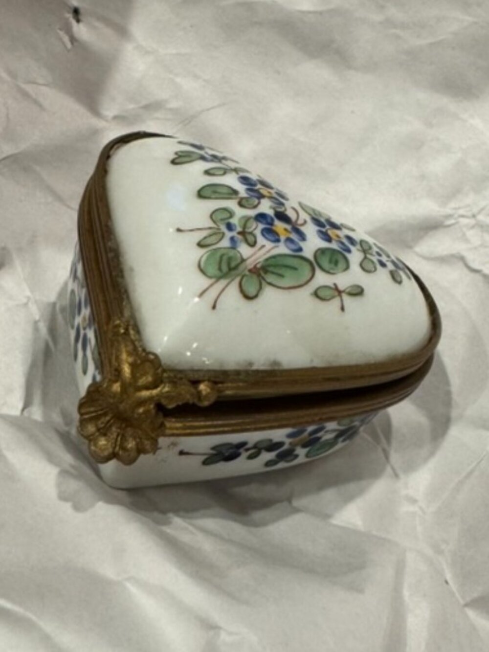 Made in France Porcelain Heart Trinket Box Painted Blue Flowers Hinged